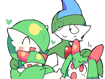 female group hair hair_over_eye hand_on_head hand_on_shoulder heart_symbol hug not_furry open_mouth open_smile pointy_ears simple_background smile white_background melfunnysmell nintendo pokemon gallade gardevoir generation_3_pokemon generation_4_pokemon humanoid kirlia pokemon_(species) ralts 4:3