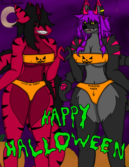 4_eyes anthro big_breasts big_tail birthmark black_body black_fur black_hair black_markings black_sclera black_stripes braided_hair breasts dark_red_horns duo ear_piercing ear_ring female female/female fluffy fluffy_tail food fruit fur furry_tail gem gesture grin hair heart_gesture holidays horn jewelry long_tail markings medium_hair multi_eye piercing pink_markings plant pumpkin purple_hair red_body red_scales red_skin ring_piercing scales sharp_teeth short_horn small_horn smile stinger stinger_tail stripes suggestive_clothing tail teeth thick_thighs toothy_grin white_eyes yellow_eyes reena_dreamer halloween iranian_mythology middle_eastern_mythology mythology reena_(reena_dreamer) velira_(reena_dreamer) canid canine canis demon dragon felid hybrid mammal manticore mythological_creature mythological_scalie scalie wingless_dragon wolf absurd_res hi_res