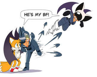 age_difference angry anthro big_breasts breasts cleavage clenched_teeth clothed clothing cosplay crossover_cosplay fangs female fight group kick male membrane_(anatomy) membranous_wings motion_blur motion_lines older_female shared_speech_bubble speech_bubble teeth trio wings younger_male 4chan_anon anonymous_artist absolute_dc batman_(series) dc_comics sega sonic_the_hedgehog_(series) absolute_catwoman catwoman miles_prower rouge_the_bat bat canid canine fox mammal red_fox true_fox crossover hi_res