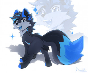big_tail black_eyebrows black_nose blue_eyes blue_markings cheek_tuft chibi eyebrows facial_tuft fangs feral feral_with_hair fur grey_body grey_fur hair looking_at_viewer looking_back looking_back_at_viewer male markings multicolored_body multicolored_fur open_mouth open_smile rear_view smile solo tail teeth tuft white_body white_fur chibichu~ canid canine canis mammal wolf colored digital_drawing_(artwork) digital_media_(artwork) hi_res shaded