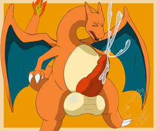 3_fingers 3_toes balls big_balls big_penis blue_wings bodily_fluids claws cum cum_on_penis cumshot dragon_wings ejaculation erection eyes_closed feet fingers genital_fluids genital_focus genitals hands-free huge_penis knot knotted_penis long_neck male multicolored_body open_mouth orange_body penis penis_focus solo spontaneous_ejaculation tail teeth_showing thick_thighs toes wings wdigni42 kinktober_2025 nintendo pokemon charizard generation_1_pokemon pokemon_(species) 2025 6:5 hi_res shaded watermark