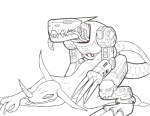 all_fours armor doggystyle duo eyes_closed feral from_behind_position headgear helmet machine male male/male sex simple_background tail tongue tongue_out white_background nouveau bandai_namco digimon digimon_(species) dinosaur greymon machinedramon prehistoric_species reptile robot scalie black_and_white line_art monochrome