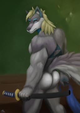 anthro blonde_hair butt fur grey_body grey_fur hair katana male melee_weapon rear_view solo sword weapon dobie-ace freazzy canid canine mammal absurd_res hi_res