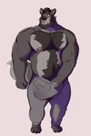 beard belly big_chest blush body_hair bottomwear bulge chest_hair clothing embarrassed facial_hair hairy hand_in_pants happy_trail male musclegut muscular muscular_arms nipples pants paws pecs public solo sweatpants thick_arms tcw canid canine canis mammal wolf absurd_res hi_res