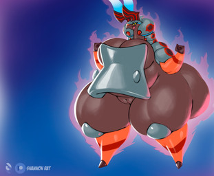 antennae_(anatomy) anthro armor big_breasts big_butt blue_eyes bottomless breastplate breasts butt clothed clothing female genitals grey_body huge_breasts huge_butt huge_hips huge_thighs hyper hyper_butt hyper_hips hyper_thighs open_mouth solo thick_thighs vulva wide_hips yellow_sclera shannonrat nintendo pokemon generation_9_pokemon mega_evolution mega_scolipede pokemon_(species) absurd_res hi_res