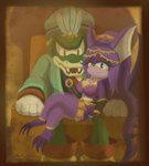 anthro biped breasts chair claws clothed clothing crop_top duo female front_view furniture gloves green_body green_eyes hair handwear harem_outfit harem_pants headgear headwear jewelry looking_at_viewer male male/female midriff on_lap on_throne open_mouth purple_body purple_hair purple_nose religious_clothing religious_headwear shirt sitting sitting_on_lap sitting_on_throne smile tail teeth throne toe_claws topwear turban white_clothing white_gloves white_handwear shadowwalk mythology sega sonic_and_the_secret_rings sonic_storybook_series sonic_the_hedgehog_(series) vector_the_crocodile crocodile crocodilian crocodylid dragon mythological_creature mythological_scalie reptile scalie 2023 absurd_res hi_res