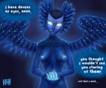 aura blue_background blue_body blue_eyes blue_feathers blue_nipples blue_skin breasts dialogue erect_nipples feathered_wings feathers featureless_crotch female front_view glowing glowing_eyes glowing_finger hands_together lips looking_at_viewer multi_eye nipples nude simple_background solo speech_bubble spread_wings talking_to_viewer text wing_eyes wings nsfy_(artist) guillermo_del_toro guillermo_del_toro's_pinocchio netflix pinocchio wood_sprite_(pinocchio) humanoid winged_humanoid 6:5 english_text hi_res portrait