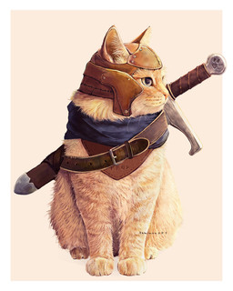 ambiguous_gender armor blue_clothing brown_clothing clothing feral fur headgear helmet melee_weapon quadruped scabbard sword weapon whiskers kamimon domestic_cat felid feline felis mammal 2026 hi_res signature