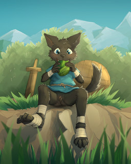 4_toes anthro anus balls black_body black_fur blue_eyes bottomless bottomless_anthro bottomless_male butt casual_exposure clothed clothing eating eating_food feet flaccid foreskin fur genitals humanoid_genitalia humanoid_penis ineffective_clothing male paws penis practice_sword shield shirt shota sitting small_balls small_penis solo toes topwear tunic wraps young young_anthro young_male dakkawoof dakka canid canine canis mammal wolf 2022 4:5 hi_res