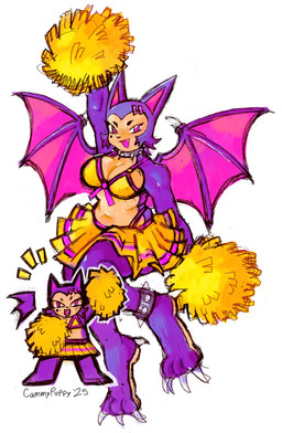 accessory anklet anthro bikini bottomwear breasts cheering cheerleader chibi cleavage clothed clothing collar female hair_accessory hairclip jewelry legband membrane_(anatomy) membranous_wings pleated_skirt pom_poms purple_body simple_background skirt smile solo spiked_anklet spiked_collar spiked_legband spikes swimwear two-piece_swimsuit white_background wings cammypuppy bat mammal 2025 dated hi_res
