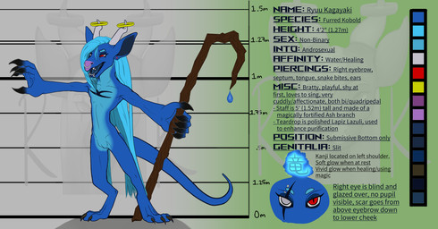 andromorph anthro blue_body blue_fur claws feet fur genitals hair horn intersex kagayaki nude red_eyes ryuu_(ryukai) scar short simple_background solo tail text vulva ryukai mythology ryuu_kagayaki kobold scalie digital_media_(artwork) english_text hi_res model_sheet nonbinary_(lore)