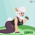 anthro big_breasts big_butt blue_sky breasts butt eating female fluffy grass hanging_breasts nipple_outline piercing plant purple_eyes sky solo chefrens beat_banger dawna_mabel bovid caprine mammal sheep 1:1 hi_res