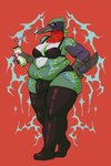 abstract_background anthro beak belly beverage beverage_can biped bra bulge clothing drinking_straw feathers green_body gynomorph holding_beverage holding_object intersex legwear looking_at_viewer navel neck_tuft panties red_background red_body red_feathers simple_background smile solo standing stockings tail tuft underwear dovne apodiform avian bird hummingbird 2025 hi_res