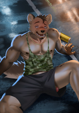 alcohol anthro beer beverage biped black_nipples bottomwear brown_hair brown_spots clothing drunk ear_piercing ear_ring facial_hair foreskin fur genitals hair jewelry kemono looking_at_viewer male markings necklace nipples penis penis_poking_out piercing ring ring_piercing shirt shorts sitting solo spiral spiral_eyes spots spotted_body spotted_fur substance_intoxication tan_body tan_fur tank_top topwear wardrobe_malfunction a572681l hyena mammal spotted_hyena digital_media_(artwork) hi_res