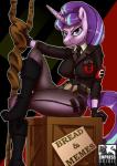 anthro biped boots breasts clothed clothing crate female footwear gloves hair handwear high_heeled_boots high_heels horn nipple_outline shoes sitting solo staff tail text tight_clothing empressbridle friendship_is_magic hasbro my_little_pony mythology starlight_glimmer_(mlp) equid equine mammal mythological_creature mythological_equine unicorn 2019 absurd_res english_text hi_res