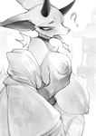 3gs animal_crossing anthro areola asian_clothing big_breasts breast_grab breast_squish breasts choker clothed clothing deer east_asian_clothing female greyscale hand_on_breast hi_res horn huge_breasts japanese_clothing jewelry kemono kimono mammal monochrome necklace nintendo nipples open_mouth partially_clothed shino_(animal_crossing) solo squish tongue tongue_out