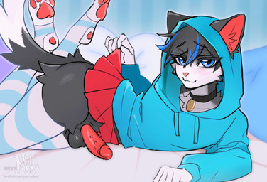 4_toes 5_fingers animal_genitalia animal_penis anthro balls bed bedding bedroom black_collar blue_clothing blue_eyes blue_hoodie blue_legwear blue_thigh_highs blue_topwear blush bottomwear cat_smile cheek_tuft chest_tuft closed_smile clothed clothing collar collar_tag countershading crossdressing dipstick_tail erection eyelashes facial_tuft feet feline_genitalia feline_penis femboy fingers fur furniture genitals grey_body grey_fur grey_hair hair hoodie inside legwear logo looking_at_viewer lying male markings miniskirt mouth_closed multicolored_body multicolored_fur multicolored_hair on_side pattern_clothing pattern_legwear pattern_thigh_highs pawpads paws penile_spines penis pillow pink_nose red_inner_ear red_miniskirt red_penis skirt smile solo striped_clothing striped_legwear striped_thigh_highs stripes tail tail_markings text thigh_highs toes topwear tuft white_body white_fur mikosi furaffinity frost_(vortiger) domestic_cat felid feline felis mammal 2025 artist_logo artist_name english_text hi_res url