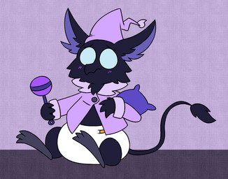 3_toes 4_fingers ambiguous_anthro ambiguous_gender anthro barefoot beak beak_closed big_ears biped black_beak black_body black_fur black_tail black_tail_tuft blue_eyes blush bottomless bottomless_ambiguous bottomless_anthro cheek_tuft clean_diaper clothed clothed_ambiguous clothed_anthro clothing diaper empty_eyes facial_tuft feet fingers fur hat headgear headwear holding_object holding_pillow holding_rattle mouth_closed nightcap open_clothing open_topwear pajamas pillow pink_clothing pink_hat pink_headwear pink_pajamas pink_topwear purple_inner_ear rattle semi-anthro simple_background sitting solo tail tail_tuft three-quarter_view toes topwear tuft wearing_diaper white_diaper young young_ambiguous young_anthro mrvonfuzzlebutt deadlock_(game) mythology valve rem_(deadlock) avian chimera dream_creature gryphon mythological_avian mythological_creature 2026 hi_res