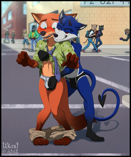 anthro assisted_exposure assisted_undressing backsack balls black_border black_clothing black_underwear blush border bottomwear bottomwear_down briefs bulge bulge_grab canon_x_oc clothed clothing clothing_lift embarrassed feet fur genitals green_eyes horn humiliation male male/male narrowed_eyes necktie pants pants_down partially_clothed public public_exposure public_humiliation red_eyes seductive shirt shirt_lift smile spade_tail standing tail teeth toes topless topless_anthro topless_male topwear underwear underwear_only ukent disney hellaverse helluva_boss zootopia nick_wilde numou_the_impfox canid canine demon fox imp mammal red_fox true_fox digital_media_(artwork) hi_res