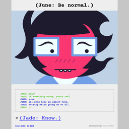 black_hair blush blush_lines buckteeth clothed clothed_female clothing comic_panel dialogue eyewear female glasses hair lipstick makeup nervous not_furry onesie pajamas red_face short_hair solo teeth text white_body ashleyorange homestuck ms_paint_adventures june_egbert human mammal 1:1 animated animated_comic comic hi_res incest_(lore) sibling_(lore) sister_(lore) sisters_(lore) trans_(lore) trans_woman_(lore)