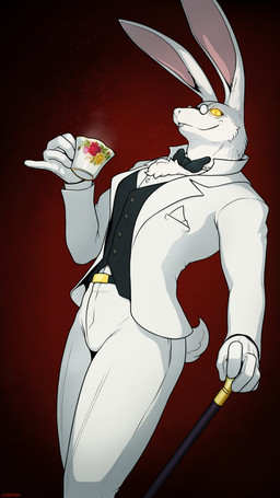 5_fingers anthro biped bow_tie cane clothed clothing container cup fingers fur gesture looking_at_viewer male rabbit_ears raised_finger raised_pinky scut_tail short_tail solo tail tea_cup white_body white_fur corrsk capcom devil_may_cry devil_may_cry_(netflix) white_rabbit_(dmc) lagomorph leporid mammal rabbit 9:16 hi_res