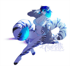 anthro backlighting bedroom_eyes big_breasts big_tail blue_clothing blue_panties blue_underwear breasts cleavage clothed clothing container cup dipstick_tail female light looking_at_viewer markings midriff narrowed_eyes open_clothing open_shirt open_topwear panties partially_clothed seductive shirt simple_background sitting solo tail tail_markings tea_cup topwear underwear underwear_only white_background ghostli felid mammal pantherine tiger lighting