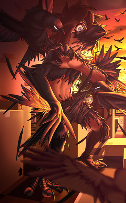 ambiguous_gender assisted_exposure beak biped black_body black_feathers bodily_fluids bottomwear brown_hair clothing crying detailed_background feathers feet feral forced group hair human_to_anthro male mid_transformation shorts spandex spandex_shorts species_transformation standing sunset talons tears tight_bottomwear tight_clothing tight_shorts toes torn_clothing transformation katahane3 changed_(video_game) lin_(changed) avian bird corvid human mammal oscine passerine 5:8 hi_res