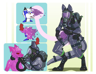 ambiguous_gender anthro biped black_body black_fur blue_body blue_fur bodysuit breasts clothed clothing corruption duo female fur gas_mask glistening gloves goo-connected_lips goo_transformation handwear hypnosis latex latex_transformation liquid_latex mask mind_control open_mouth pink_body red_eyes ringed_eyes sharp_teeth simple_background skinsuit surprised teeth tight_clothing transformation transformation_sequence white_body white_fur lukst alpe_kojot canid canine canis coyote mammal 2022 digital_drawing_(artwork) digital_media_(artwork) hi_res sequence