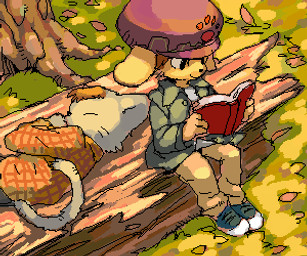 ambiguous_gender anthro book detailed_background duo eyes_closed grass holding_book holding_object log outside plant reading sleeping tail tired tree wood kesutofee canid canine canis domestic_cat domestic_dog felid feline felis mammal 6:5 digital_media_(artwork) low_res oekaki