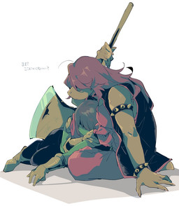 ambiguous_gender anthro armband axe bracelet breasts claws clothed clothing duo female finger_claws fully_clothed hair hair_over_eyes jewelry long_hair lying_on_another medium_breasts melee_weapon purple_clothing purple_hair sitting sitting_on_ground spiked_armband spiked_bracelet spikes topwear weapon oigatsu_o deltarune undertale_(series) kris_dreemurr susie_(deltarune) human mammal reptile scalie