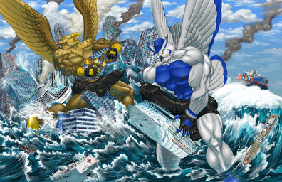 5_fingers abs anthro balls balls_outline beak biceps biped boxer_briefs brown_body brown_fur building building_destruction building_penetrated building_sex bulge city city_background city_crushing city_destruction cityscape claws clothing crush destruction detailed_bulge duo erection erection_under_briefs erection_under_clothing feathered_wings feathers finger_claws fingerless_gloves fingers fur genital_outline genitals gloves handwear house humanoid_genitalia humanoid_penis landscape_dwarfing macro macro_anthro macro_male male muscular muscular_anthro muscular_male nude open_mouth outside pecs penile penis rampage sea ship sky smile tail underwear vehicle vehicle_destruction vehicle_penetrated vein veiny_penis water watercraft white_body wings kain3 mythology carpo sova avian bird gryphon mythological_avian mythological_creature owl hi_res