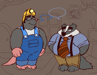 3_toes anthro armor barefoot belly big_belly black_body black_nose bottomwear clothing duo eyewear feet goggles hard_hat headgear helmet inside male musclegut muscular necktie overalls overweight overweight_male pants paws pink_nose shirt standing toes topwear bencomedion beastly_crimes beastly_crimes_(2024) chief_badger mole_(beastly_crimes) badger eulipotyphlan mammal mole_(animal) mustelid musteline 2026 hi_res