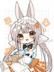 blush blush_lines female grey_hair hair holding_object long_hair looking_at_viewer open_mouth orange_eyes solo twintails_(hairstyle) young young_female itsuki_02 arknights hypergryph studio_montagne warmy_(arknights) animal_humanoid humanoid lagomorph lagomorph_humanoid leporid_humanoid mammal mammal_humanoid rabbit_humanoid 2024 distracting_watermark japanese_description portrait three-quarter_portrait watermark