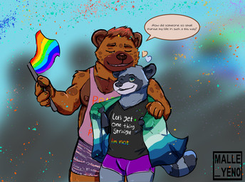 anthro bottomwear clothing glitter hand_on_shoulder lgbt_pride nipples parade pride_color_clothing pride_color_flag pride_colors shirt shorts tank_top text text_on_clothing text_on_shirt text_on_topwear topwear malle_yeno lgbt_pride_month hyena mammal procyonid raccoon english_text