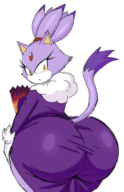 anthro big_butt biped blush bottom_heavy breasts butt butt_focus clothed clothing dipstick_tail dress eyelashes female folding_fan forehead_gem fur gem hair holding_fan holding_object huge_butt huge_hips looking_at_own_butt markings purple_body purple_clothing purple_dress purple_fur purple_hair raised_tail rear_view shy simple_background slit_dress solo standing tail tail_markings thick_thighs tied_hair white_background wide_hips yellow_eyes momijizx sega sonic_the_hedgehog_(series) blaze_the_cat domestic_cat felid feline felis mammal 2024 digital_drawing_(artwork) digital_media_(artwork) hi_res portrait three-quarter_portrait