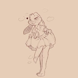 anthro barefoot biped blush bottomless bottomwear buckteeth clothed clothing erection eyebrows feet fingers floppy_ears genitals glans heart_symbol humanoid_genitalia humanoid_penis looking_at_viewer male penis simple_background skirt solo teeth topwear whiskers cold-blooded-twilight looney_tunes warner_brothers bugs_bunny lagomorph leporid mammal rabbit hi_res