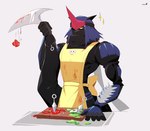 anthro apron athletic athletic_anthro athletic_male black_body blade clothing cooking food fruit kunai male mask ninja plant solo tail tail_blade tomato warrior weapon weapon_tail luryxia bandai_namco digimon digimon_(species) fumamon scalie hi_res