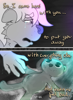 anthro bodily_fluids close-up crying cum cum_pool fangs fur genital_fluids grey_eyes hair half-closed_eyes inside male motion_lines narrowed_eyes plushie sad sharp_teeth side_view solo tears teddy_bear teeth text young young_anthro young_male dasherslash andy_(dasherslash) mammal mustelid otter 2026 comic digital_media_(artwork) english_text hi_res