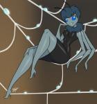 antennae_(anatomy) anthro anthrofied biped blue_hair blue_sclera breasts clothing dress eyelashes female footwear hair high_heels multi_arm multi_limb non-mammal_breasts noseless shoes smile solo spider_web white_eyes aeolus06 charlotte's_web charlotte_(charlotte's_web) arachnid araneomorph arthropod orb-weaver_spider spider 2017 hi_res signature