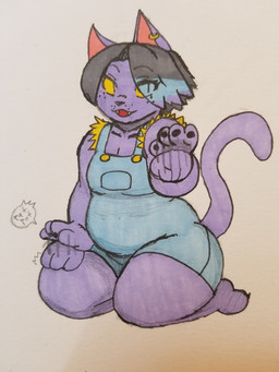 anthro barefoot beckoning belly black_hair black_pawpads blue_highlights breasts cleavage clothed clothing ear_piercing ear_ring fangs feet female freckled_face freckles gesture gesturing_at_viewer hair highlights_(coloring) inviting inviting_viewer kneeling medium_breasts onomatopoeia open_mouth overalls overweight overweight_female patting_lap pawpads paws pear-shaped_figure piercing pupils purple_body ring_piercing seiza short_hair shortalls simple_background sitting slightly_chubby slightly_chubby_anthro slightly_chubby_female slit_pupils solo sound_effects tail teeth text thick_thighs wide_hips yellow_sclera gibble_king undertale_(series) catty_cattenheimer domestic_cat felid feline felis mammal 2018 full-length_portrait hi_res marker_(artwork) portrait traditional_media_(artwork)