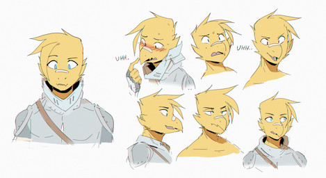 ambiguous_gender anthro armor band-aid band-aid_on_beak bandage beak blue_eyes blush blush_lines bodily_fluids clothed clothed_anthro clothing eyebrows multiple_angles multiple_expressions nervous nervous_sweat nude_anthro simple_background solo sweat text white_background yellow_body notglacier noah_(notglacier) avian dinosaur hybrid prehistoric_species reptile scalie 2020 absurd_res bust_portrait english_description hi_res portrait