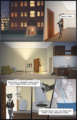 anthro apartment apartment_building biped boiling_water brown_eyes building clothed clothed_anthro clothing door fur furniture grey_body grey_fur head_tuft home inner_monologue kettle kitchen kitchen_counter lamp male opening_door sofa solo table text text_box thinking tuft tusks yellow_sclera falco_works pen_(falco_works) cervine deer mammal tufted_deer 2023 comic digital_media_(artwork) english_text hi_res