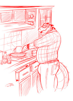 anthro bottomwear bulge clothed clothing cooking eyebrow_piercing eyebrow_ring facial_piercing lip_piercing lip_ring male mouth_closed nose_piercing pants piercing ring_piercing side_view solo standing crazydrak alex_(jrbart) alligator alligatorid crocodilian reptile scalie 2017 dated hi_res monochrome signature