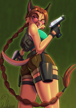 anthro belt bottomwear braided_hair braided_ponytail breasts brown_body brown_fur brown_hair butt clothing crop_top dual_wielding eyebrows eyelashes eyewear female fingerless_gloves fur gloves gun hair handgun handwear holding_object holding_weapon pistol ponytail ranged_weapon shirt shorts side_boob solo sunglasses topwear weapon rodolfoslime tomb_raider lara_croft felid feline lynx mammal 2026 absurd_res hi_res