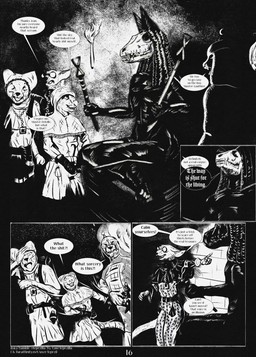 4_panel_comic anthro armor biped black_eyes black_nose clothed clothing dialogue ellipsis exclamation_point eyes_closed eyewear fingers gesture glasses group hand_gesture headgear helmet hood male medieval open_mouth page_number pointing profanity question_mark sculpture sharp_teeth speech_bubble standing statue tail talking_to_another teeth text tongue torch warrior white_sclera leprzil canid canine canis domestic_cat domestic_dog felid feline felis gulonine mammal marten murid murine mustelid musteline oriental_shorthair rat rodent 2025 comic english_text hi_res monochrome url