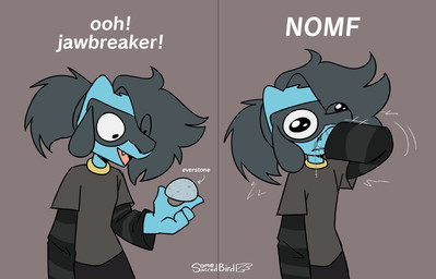 anthro big_eyes black_hair blue_body blue_fur bodily_fluids clothed clothing dialogue directional_arrow dripping drooling everstone eye_through_hair facial_markings fluffy fluffy_hair fur grey_background hair hand_in_mouth head_markings humanoid_hands long_sleeve_shirt male markings mask_(marking) motion_lines oral_fisting ponytail saliva saliva_drip saliva_string shirt simple_background solo standing t-shirt text topwear translucent translucent_hair two_panel_image somesacredbird nintendo pokemon fan_character generation_4_pokemon pokemon_(species) riolu 2025 comic digital_drawing_(artwork) digital_media_(artwork) english_description english_text hi_res