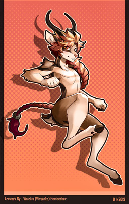anthro arm_tuft black_horn brown_body brown_fur brown_hooves brown_tail dotted_background elbow_tuft eyelashes front_view fur glistening glistening_eyes hair hooves horn looking_at_viewer male orange_eyes orange_hair pattern_background pink_nose red_hair scut_tail short_tail shoulder_tuft simple_background smile solo tail teeth tuft white_body white_fur white_inner_ear white_tail vesper_art antelope bovid mammal 2019 absurd_res dated full-length_portrait hi_res portrait