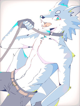 5_fingers anthro belt blue_body blue_fur bodily_fluids bottomwear clothing collar denim denim_bottomwear denim_clothing fingerless_gloves fingers fur gloves green_eyes handwear head_tuft jeans leash leash_pull looking_at_viewer male multicolored_eyes navel open_mouth pants pockets simple_background solo sweat sweatdrop teeth tuft white_background white_body white_fur white_inner_ear ul_(artist) canid canine fox mammal 3:4 hi_res