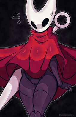 2_horns biped black_eyes bodily_fluids clothing female fingers genitals horn melee_weapon red_clothing solo standing sweat sweatdrop text vulva weapon white_text emmavania hollow_knight_(franchise) team_cherry hornet_(hollow_knight) arthropod 2025 absurd_res artist_name english_text hi_res