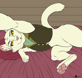 bed bedroom_eyes bottomless bottomless_female brisketwear brown_clothing brown_topwear brown_vest clothed clothed_feral clothing female feral feral_temptation fur furniture head_tuft lying lying_on_bed narrowed_eyes on_bed on_side pawpads paws pillow pink_nose pink_pawpads reaching_towards_viewer red_bed red_pillow seductive smile solo tail topwear topwear_only tuft vest wall_(structure) white_body white_fur wood wood_wall yellow_eyes yellow_sclera marcushunter samantha_(infinity_train) domestic_cat felid feline felis mammal 2024 signature